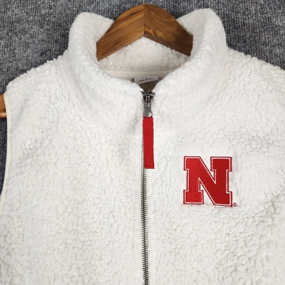 Nebraska Cornhuskers Vest Sherpa Fleece White Womens Large NCAA Full Zip - Picture 2 of 9